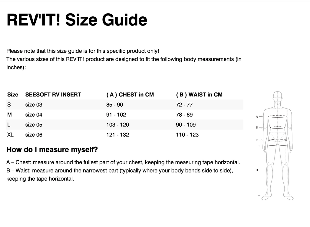 REV'IT! Slingshot Back Protector Size Guide