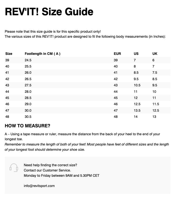 REV'IT! Everest GTX Boots Size Guide