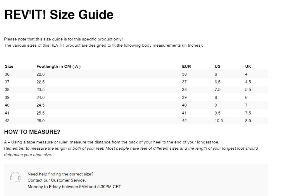 REV'IT! Arrow Ladies Shoes Size Guide