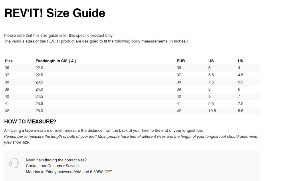 REV'IT! Delta H20 Ladies Shoes Size Guide