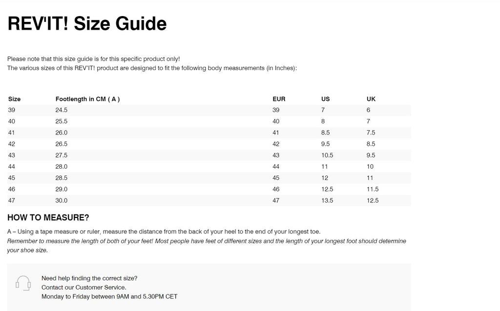 REV'IT! Jetspeed Pro Shoes Size Guide