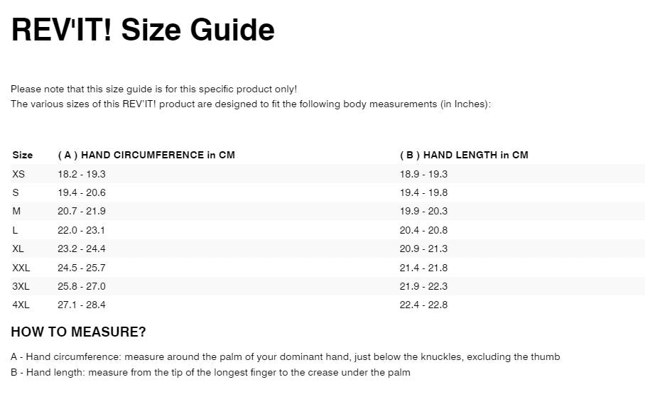 REV'IT! Dominator 3 GTX Glove Size Guide