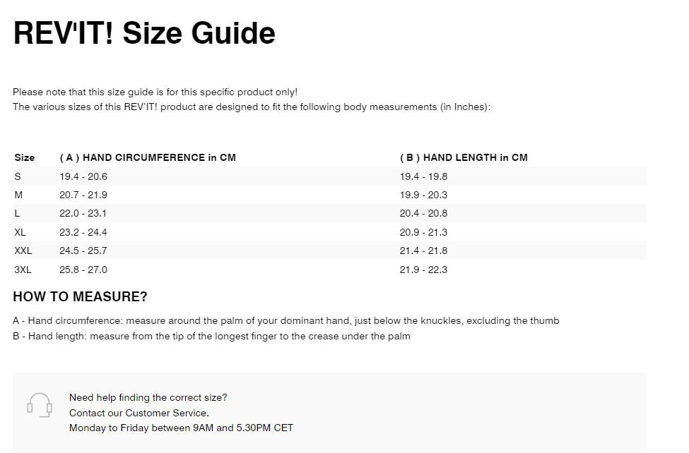 REV'IT! RSR 4 Gloves Size Guide