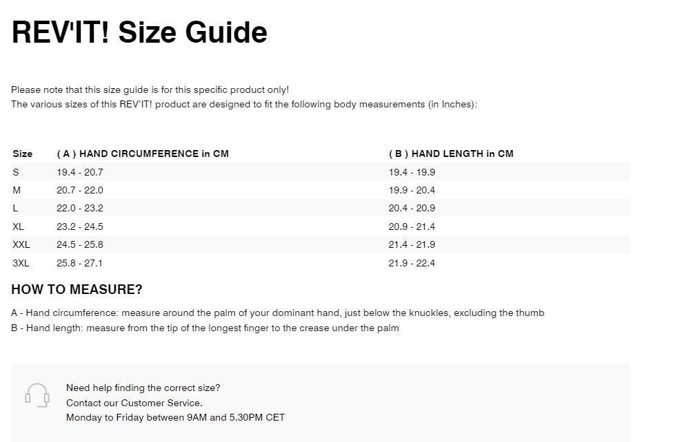 REV'IT! Metis 2 Gloves Size Guide