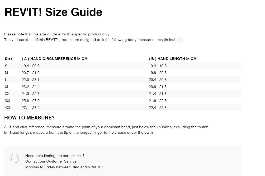 REV'IT! Stratos 3 GTX Gloves Size Guide