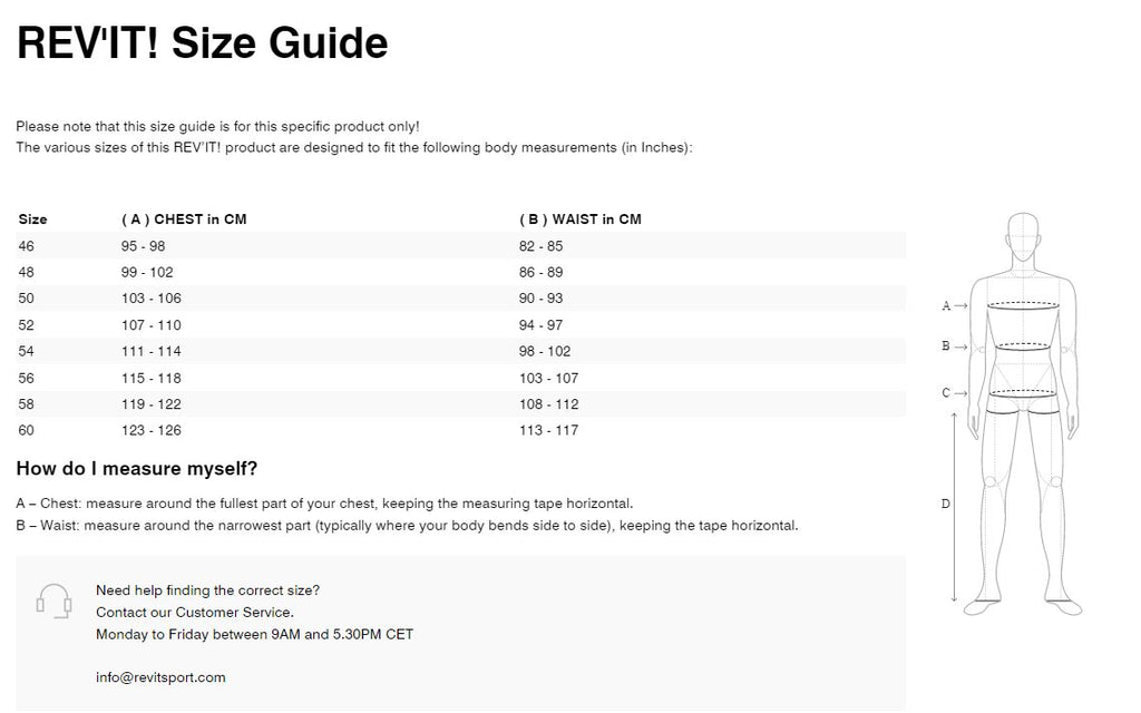 REV'IT! Jacket Matador Size Guide