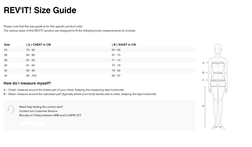 REV'IT! Median Ladies Jacket Size Guide