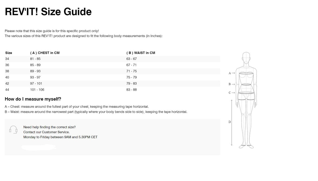 REV'IT! Liv Ladies Jacket Size Guide