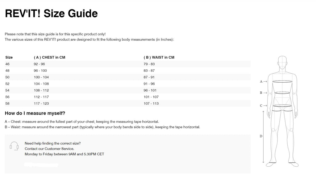 REV'IT! Rino Jacket Size Guide