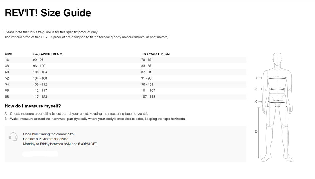 REV'IT! Parallax Jacket Size Guide