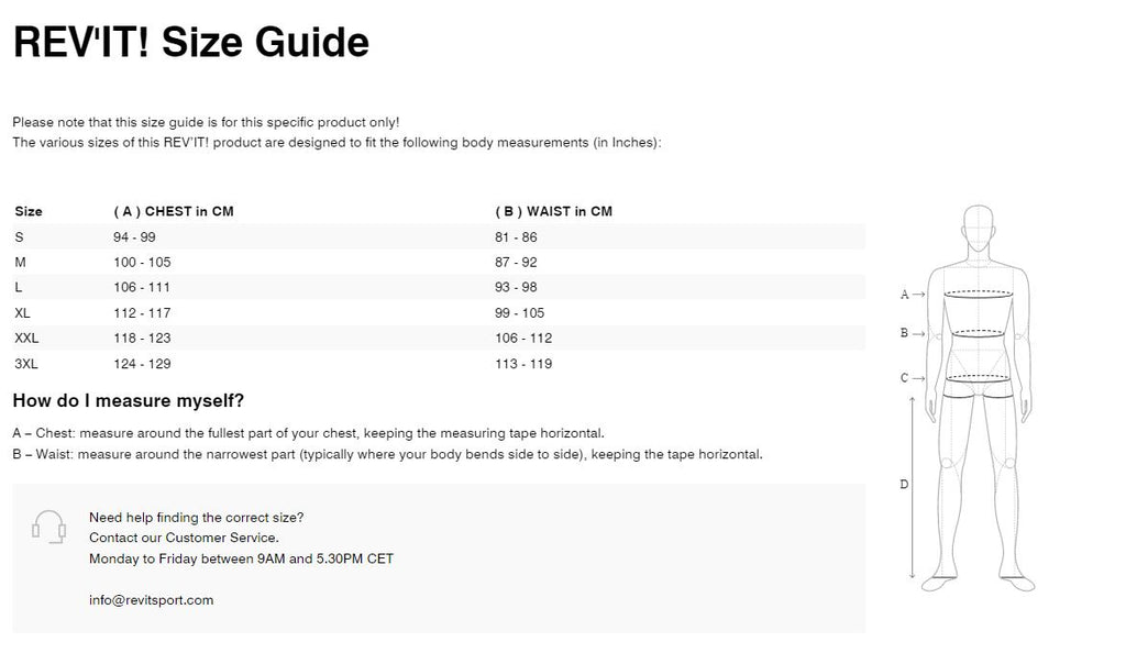 REV'IT! Smock Barrier Size Guide