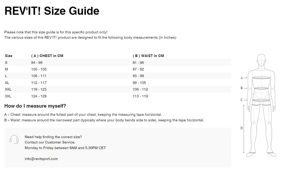 REV'IT! Component H20 Jacket Size Guide