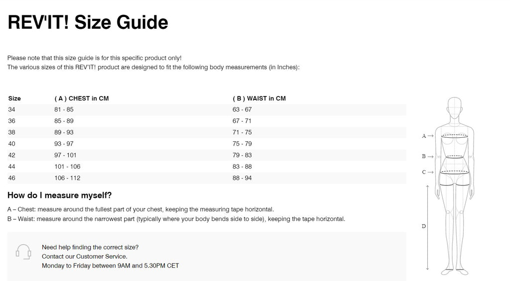 REV'IT! Eclipse 2 Ladies Jacket Size Guide