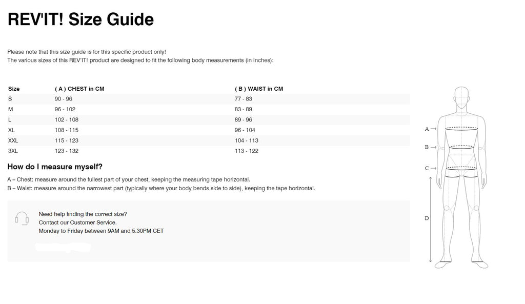 REV'IT! Tornado 4 H2O Jacket Size Guide