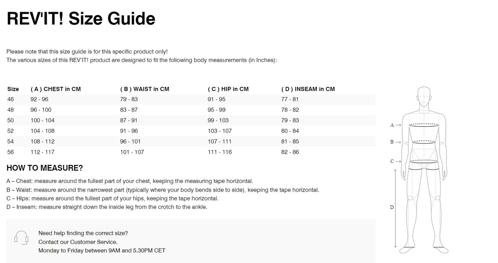 REV'IT! Argon 2 One Piece Racesuit Size Guide