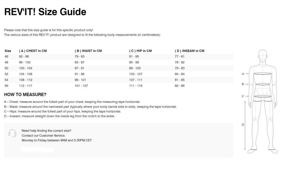 REV'IT! Hyperspeed 2 One Piece Racesuit Size Guide