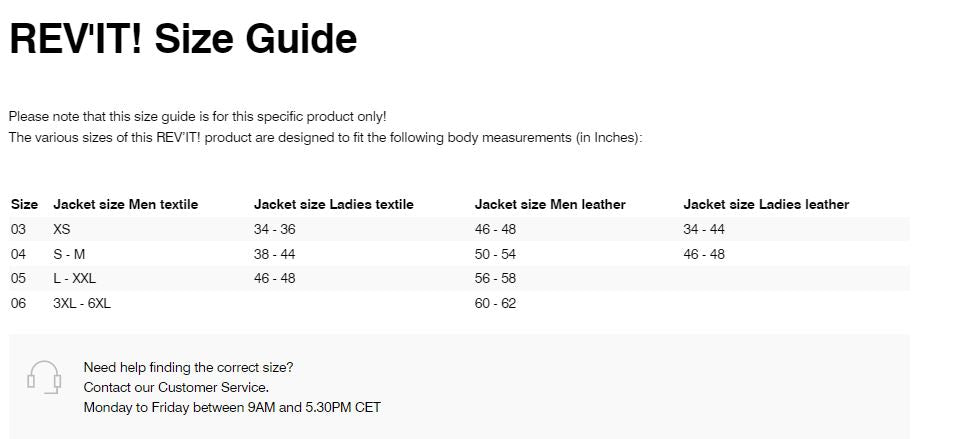 REV'IT! SeeSoft Air  Back Protector Type RV Size Guide