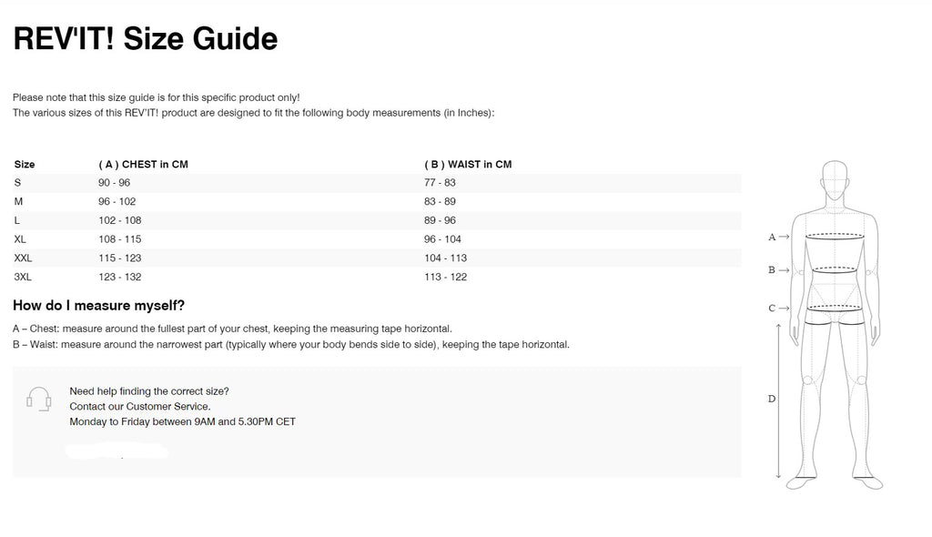 REV'IT! Nucleus Protector Jacket Size Guide