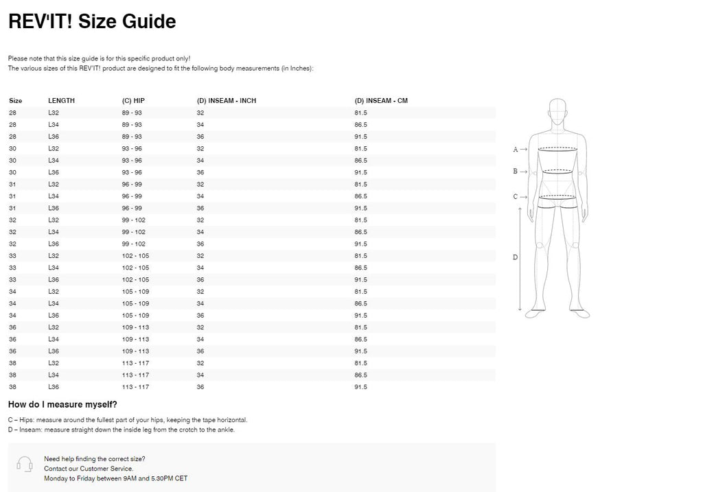 REV'IT! Lewis Selvedge TF Jeans Size Guide