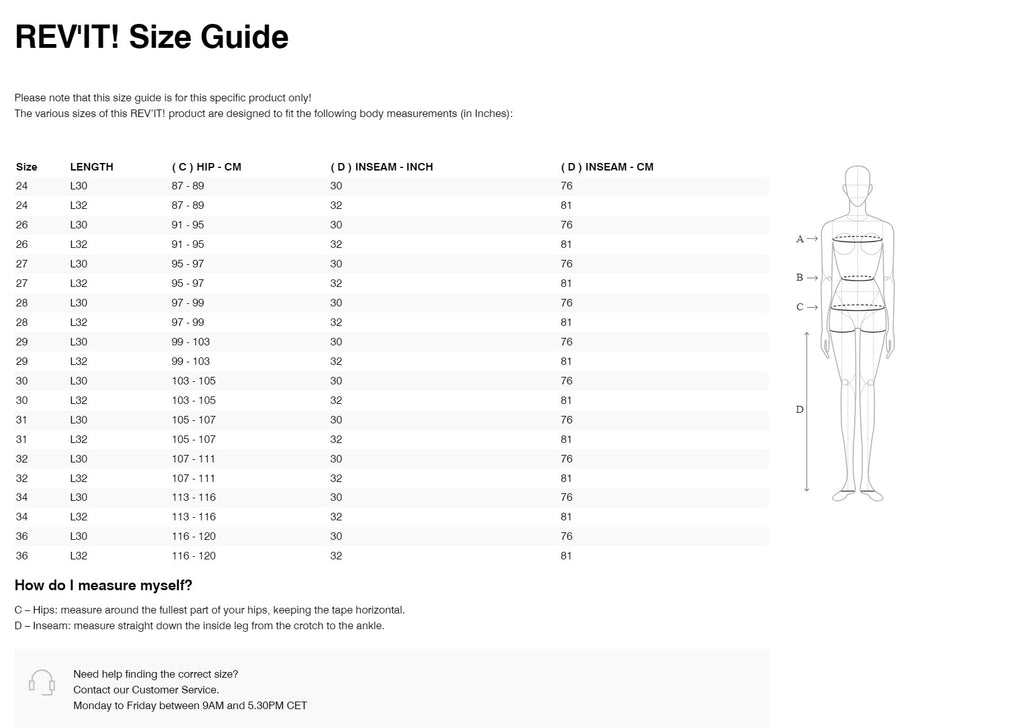 REV'IT! Violet Ladies BF Jeans Size Guide