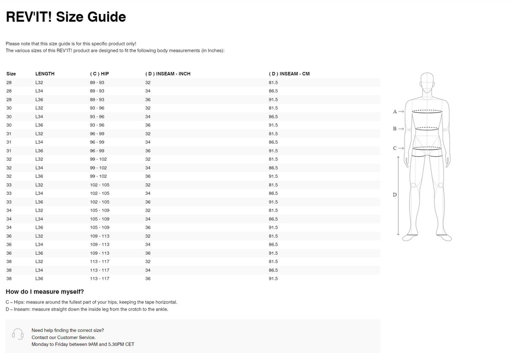 REV'IT! Cargo 2 TF Size Guide