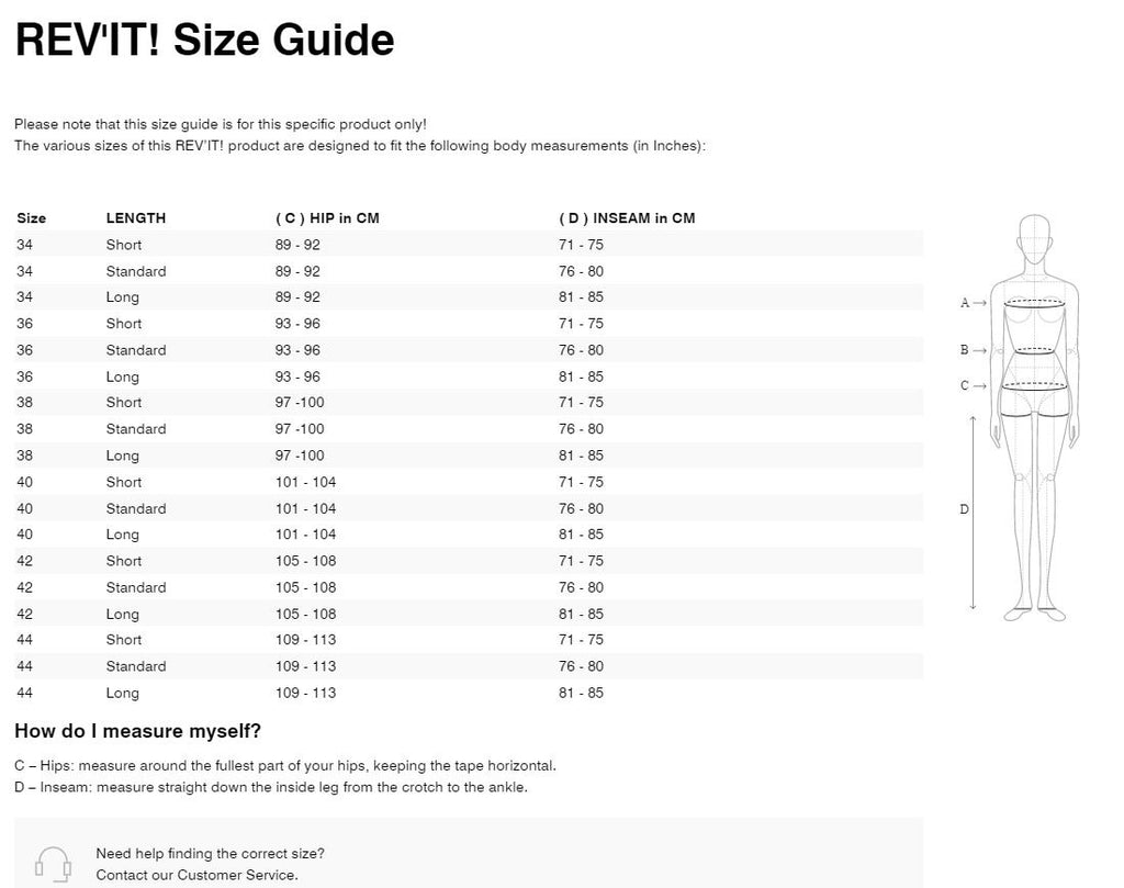 REV'IT! Xena 3 Ladies Pants Size Guide