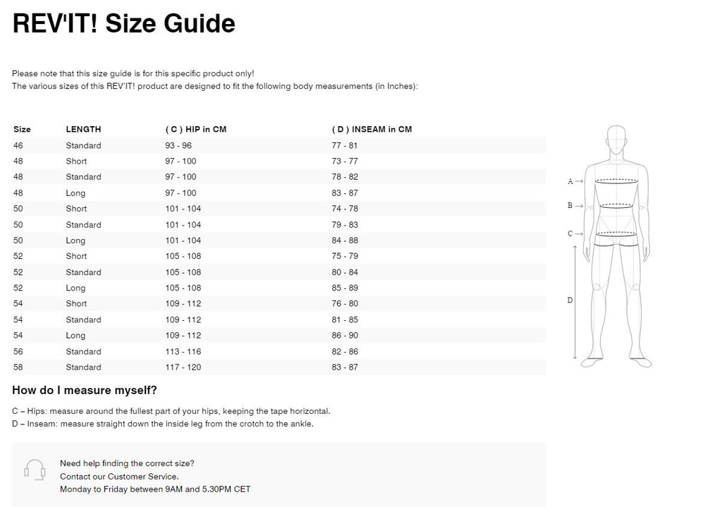 REV'IT! Apex Leather Pants Size Guide