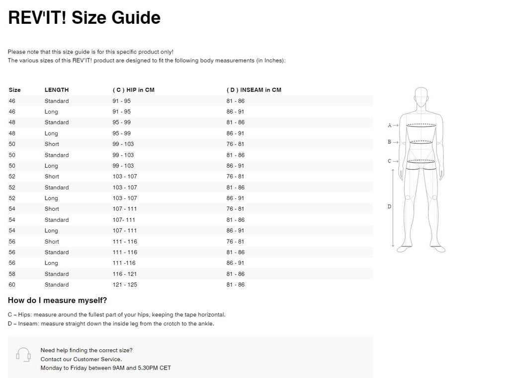 REV'IT! Ignition 4 H2O Pants Size Guide