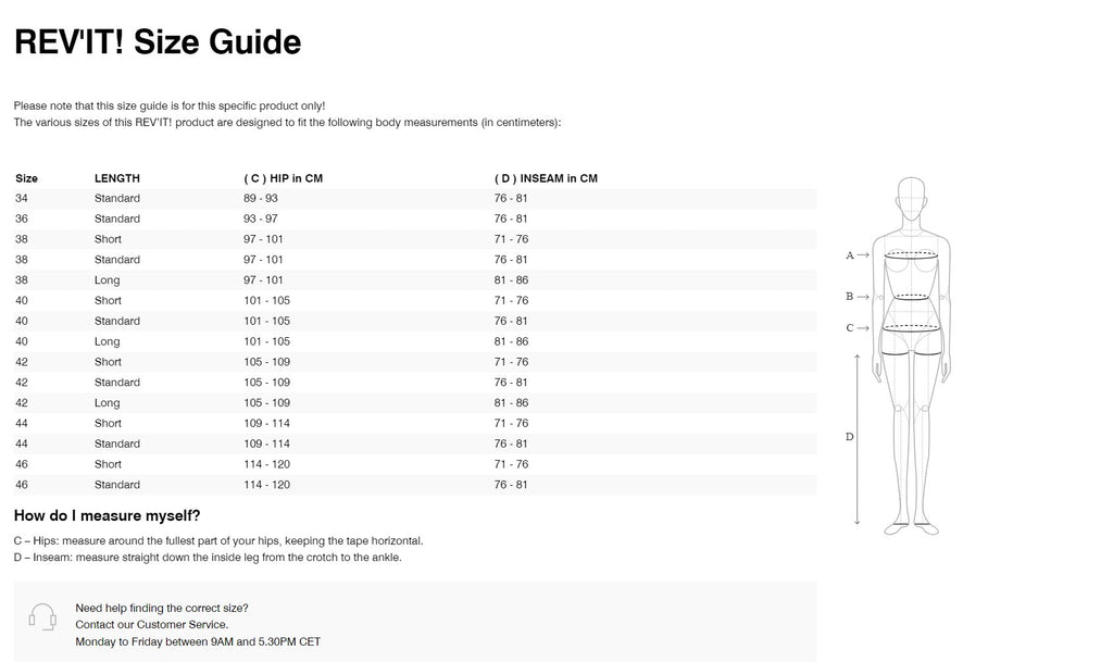 REV'IT Xena 4 Ladies Pants Size Guide