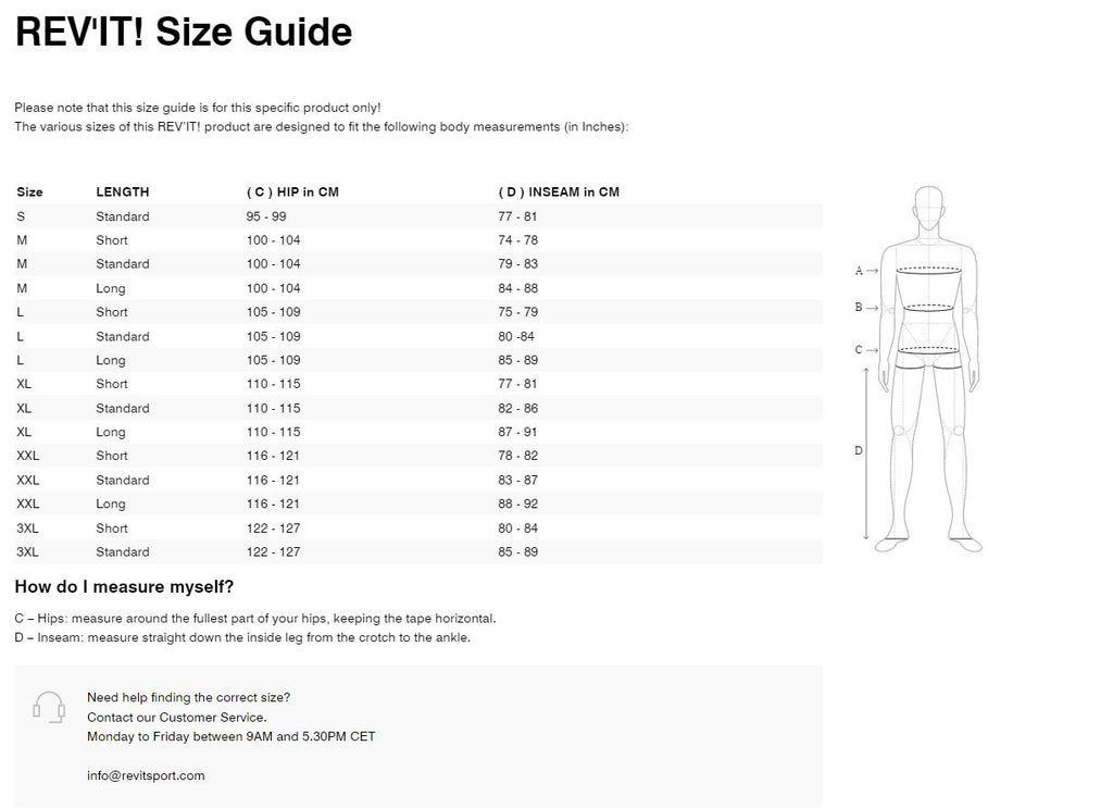 REV'IT! Continent Pants Size Guide