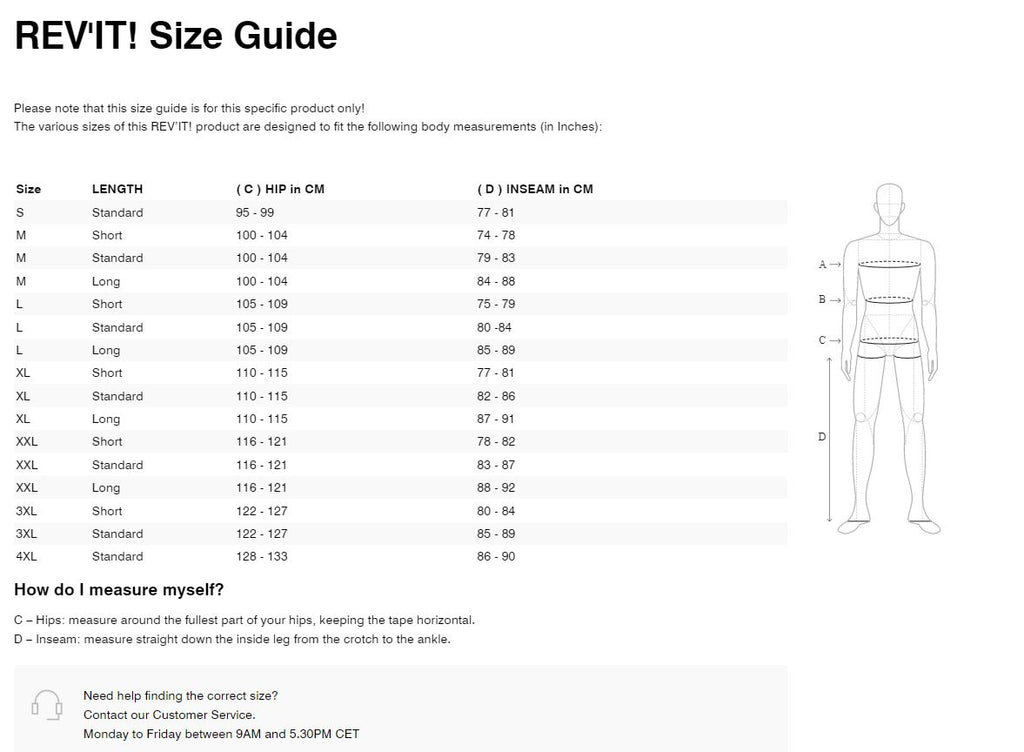 REV'IT! Component H20 Pants Size Guide