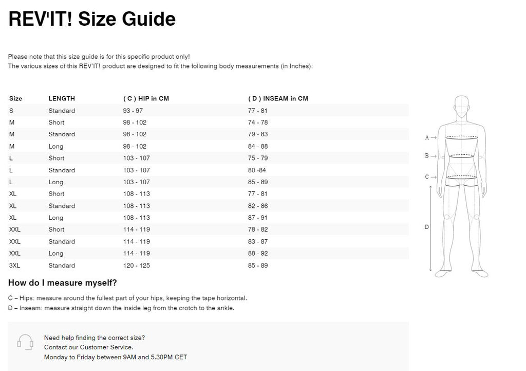 REV'IT! Defender 3 GTX Pants Size Guide