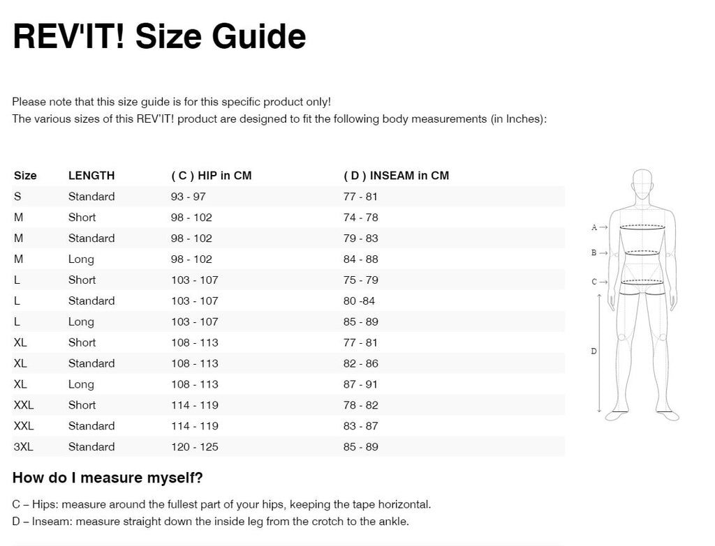 REV'IT! Cayenne 2 Pants Size Guide