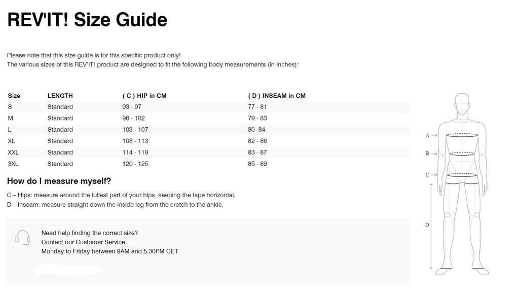 REV'IT! Parabolica Pants Size Guide