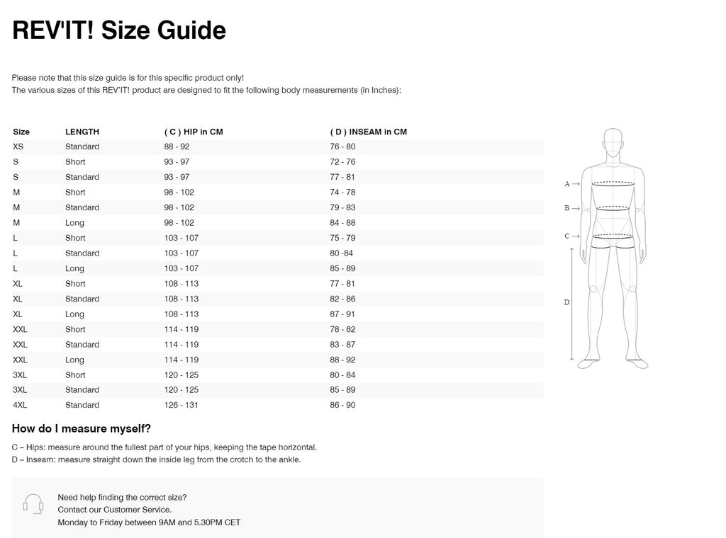 REV'IT! Axis 2 H2O Pants Size Guide