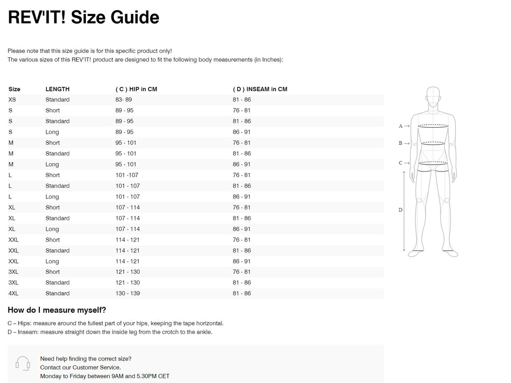 REV'IT! Berlin H2O Pants Size Guide