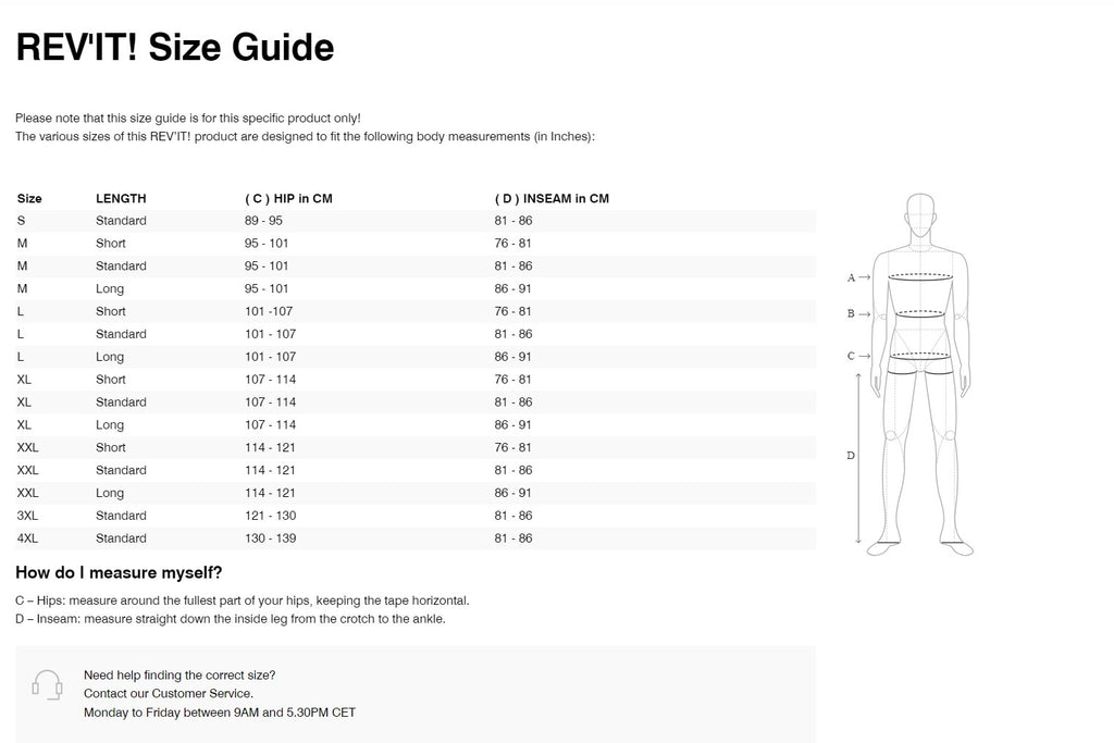 REV'IT! Vertical GTX Pants Size Guide