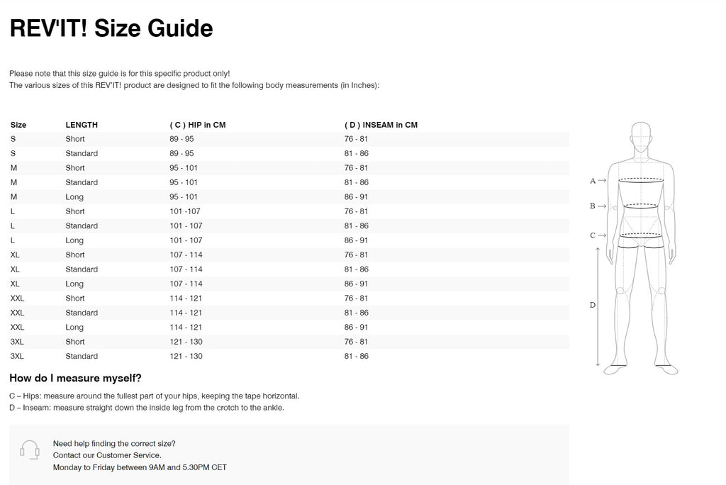 REV'IT! Tornado 4 H2O Pants Size Guide
