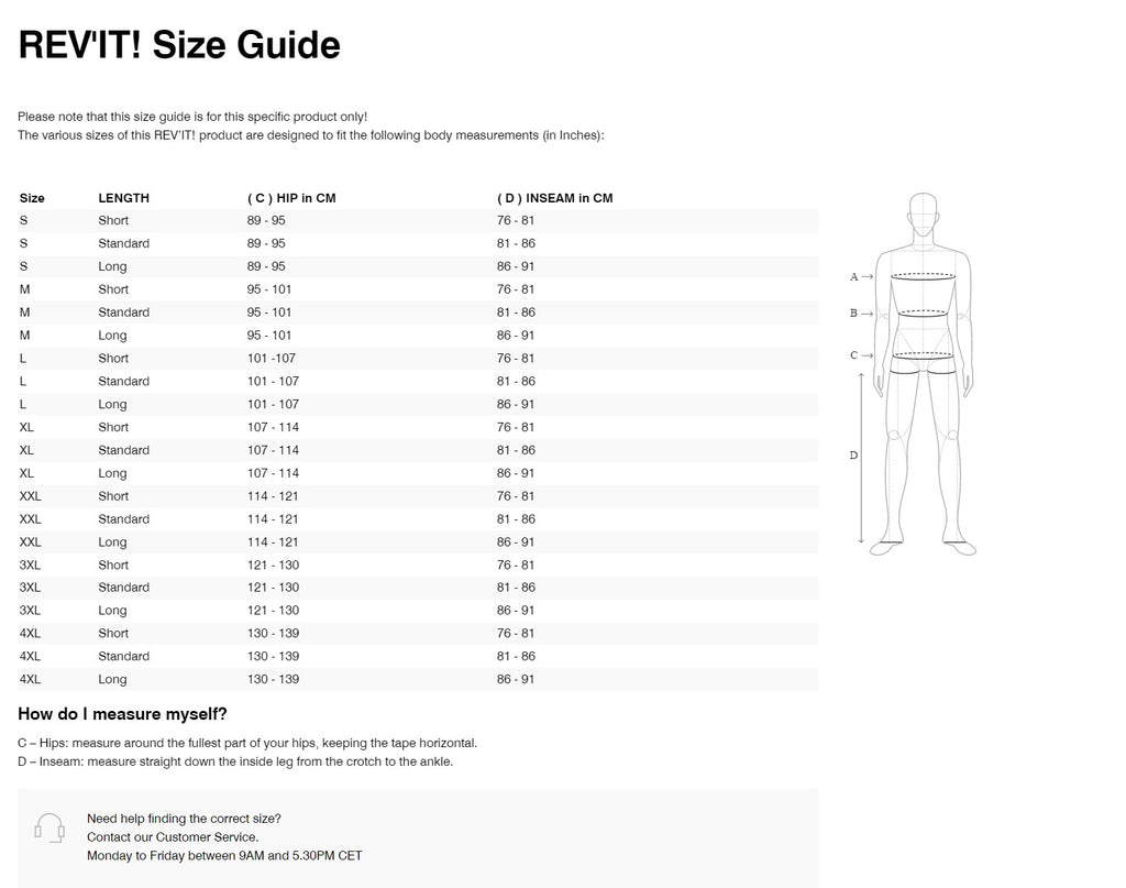 REV'IT! Eclipse 2 Pants Size Guide