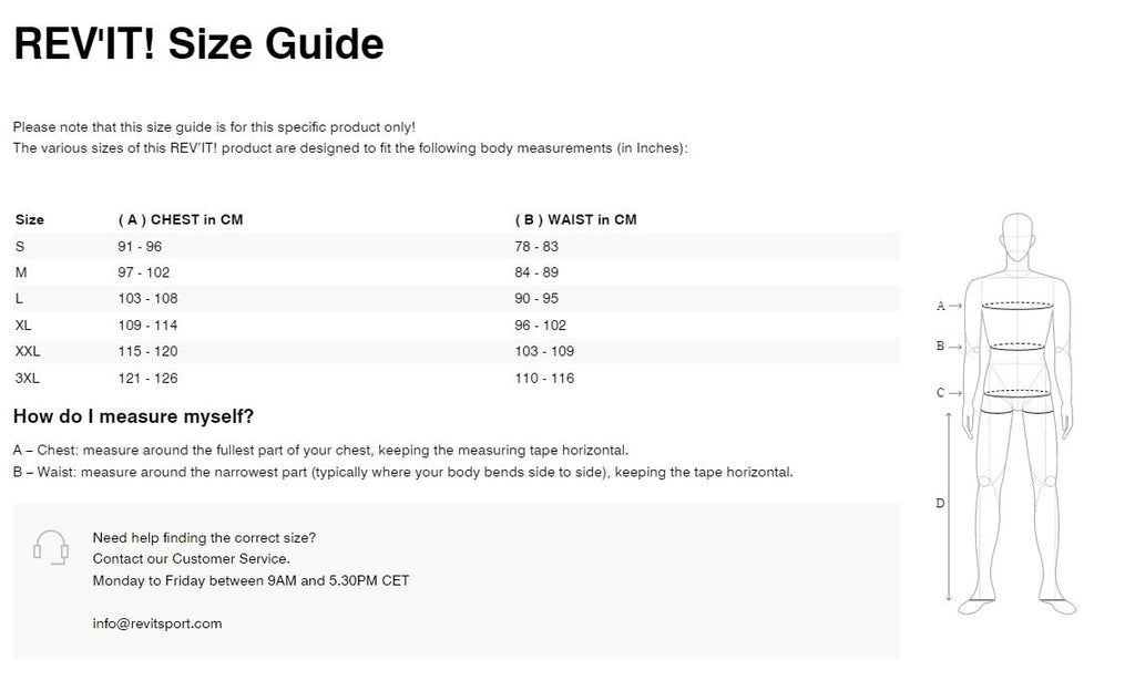 REV'IT! Pacific 3 H20 Rainsuit Size Guide