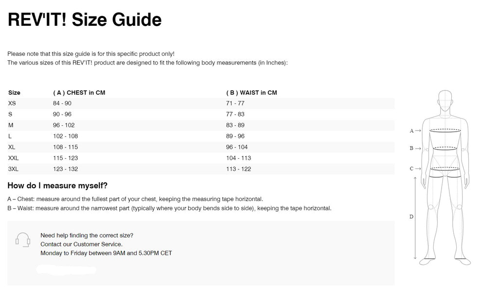 REV'IT! Nitric 4 H2O Rain Jacket Size Guide