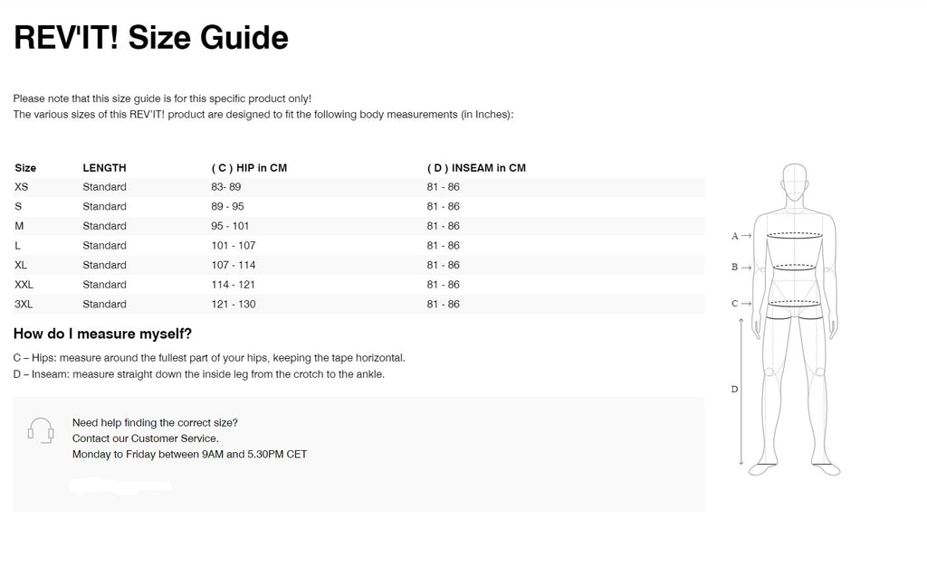 REV'IT! Nitric 4 H2O Rain Pants Size Guide