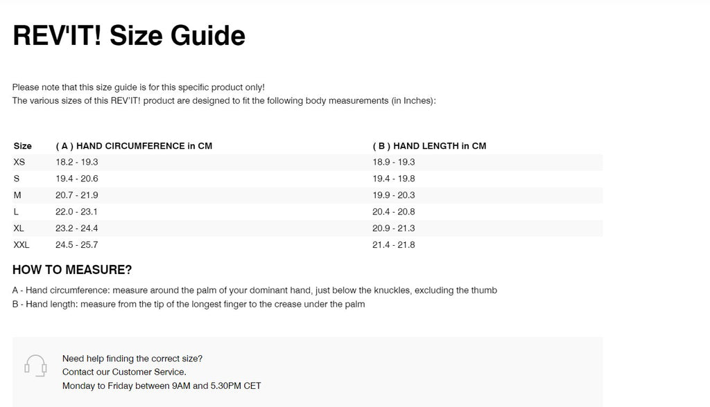 REV'IT! Baret GTX Infinium Underglove Size Guide