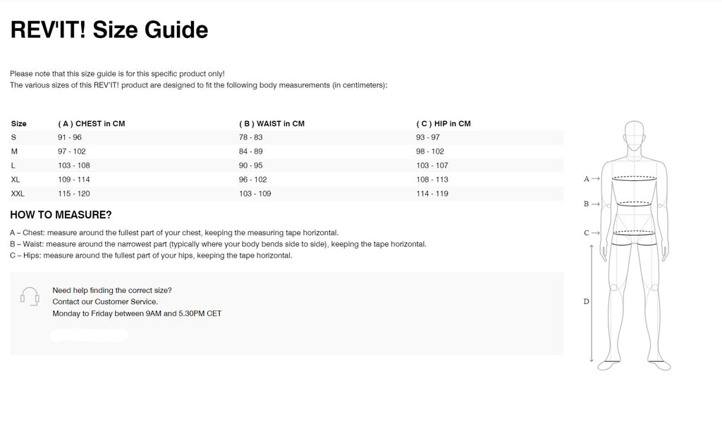 REV'IT! Undersuit Excellerator 2 Size Guide