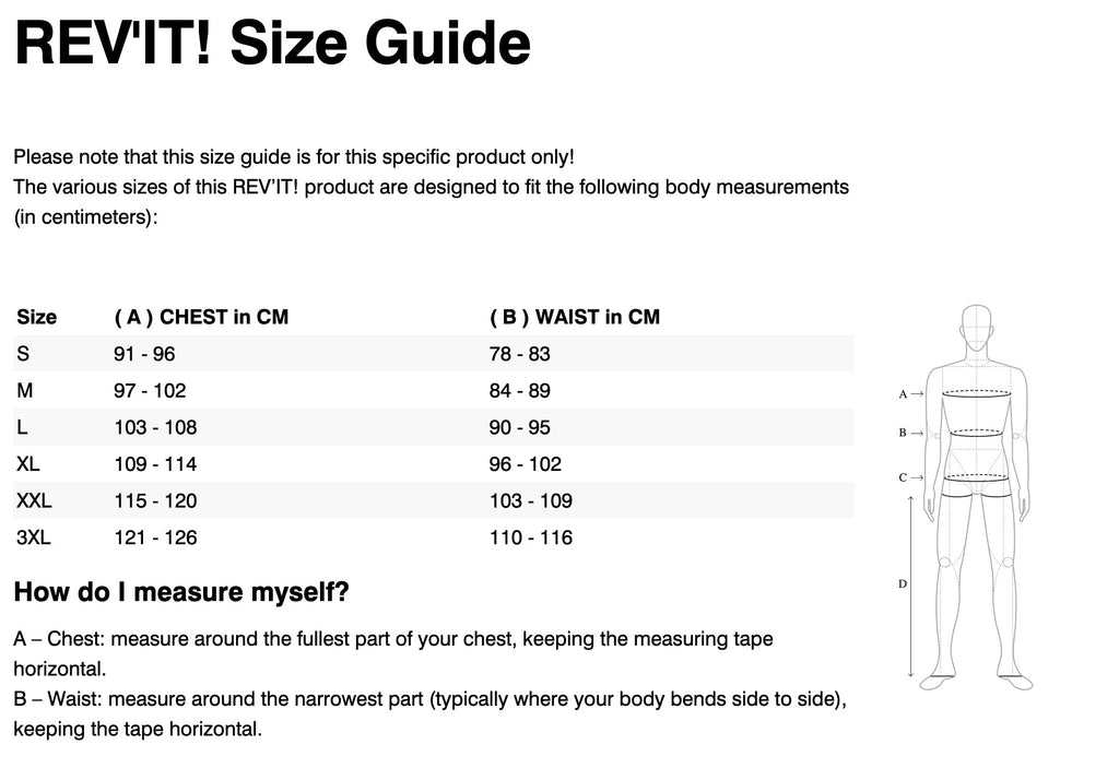 REV'IT! Sand 4 H20 Jacket Size Guide